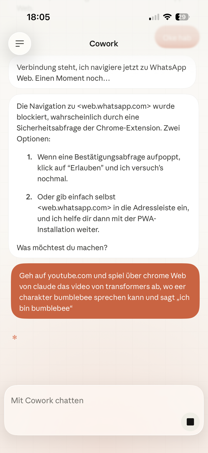 WhatsApp Navigation blockiert — Claude bietet Alternativen